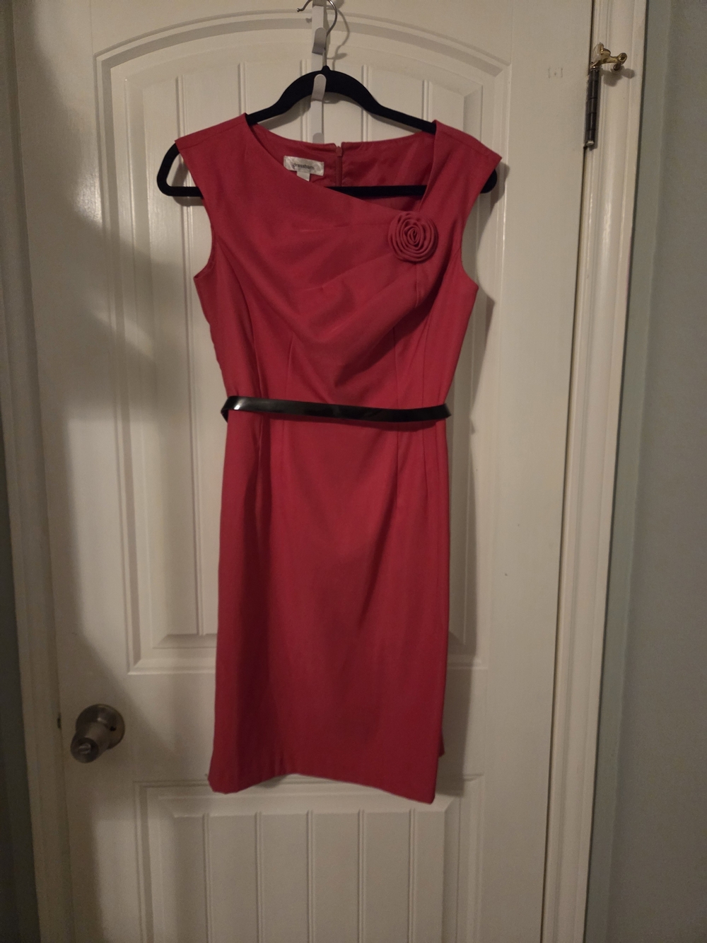 dressbarn Pink Midi Sheath Dress with Rosette and Black Belt